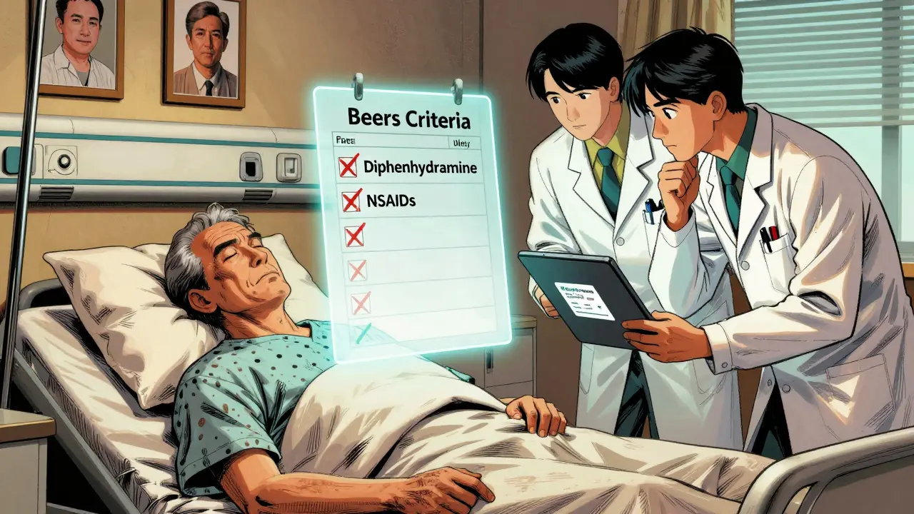 An older man sleeping peacefully as a glowing Beers Criteria checklist removes dangerous drugs above his bed, with doctors reviewing his meds.