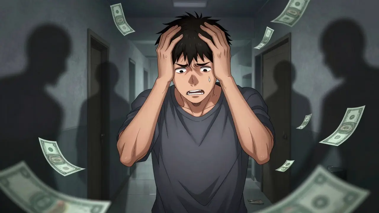 Anxious young patient in corridor surrounded by shadowy expense figures