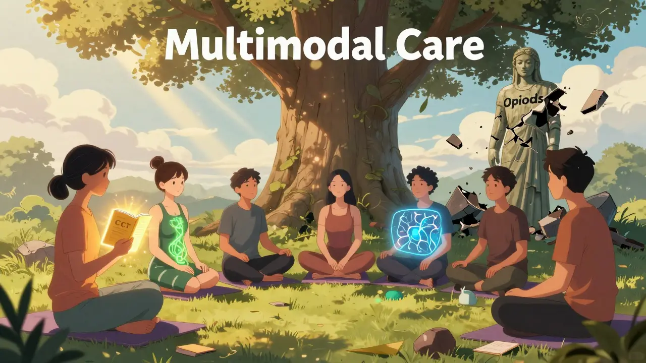 Group of people supported by holistic pain treatments, with opioids shattered beneath them.