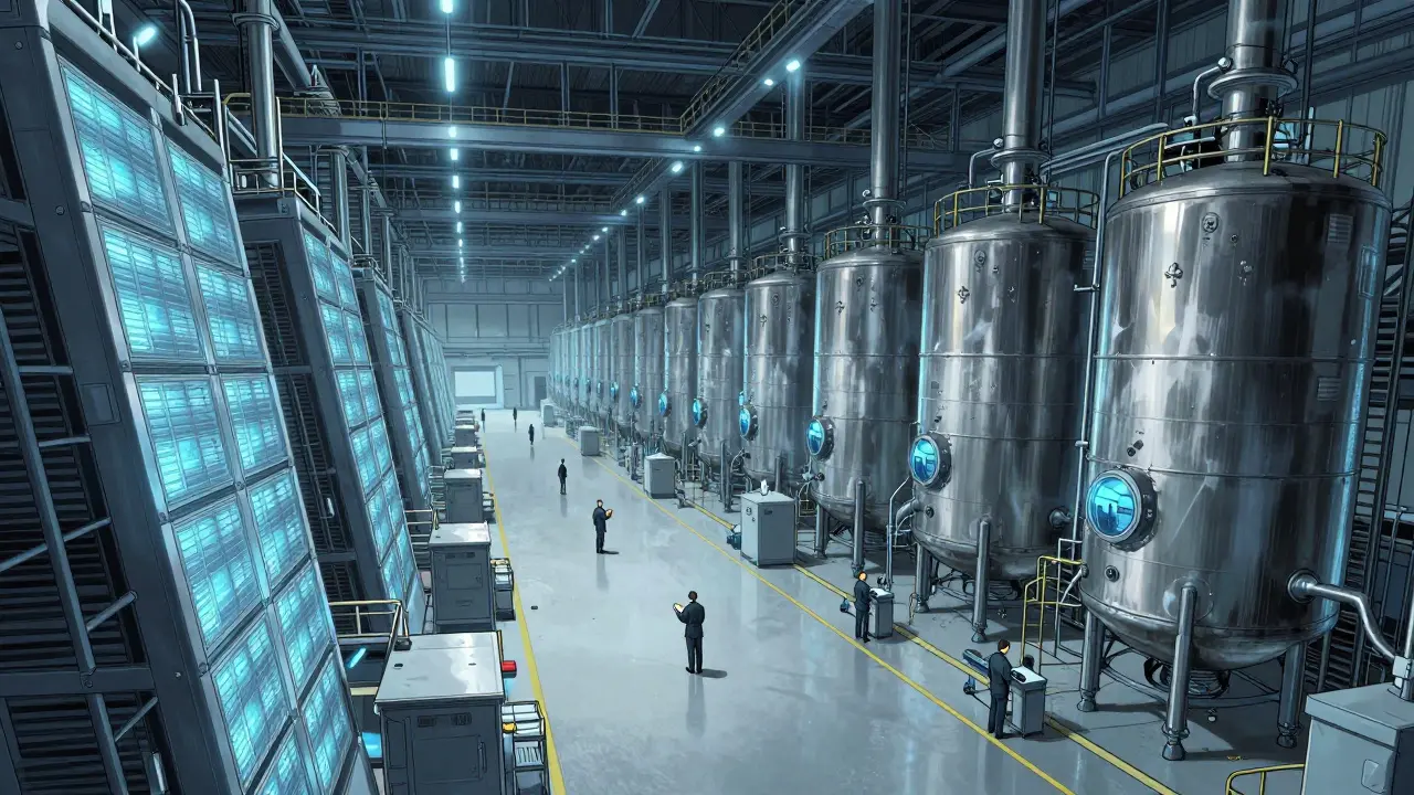 Large vaccine manufacturing plant with cryogenic freezers and engineering teams.