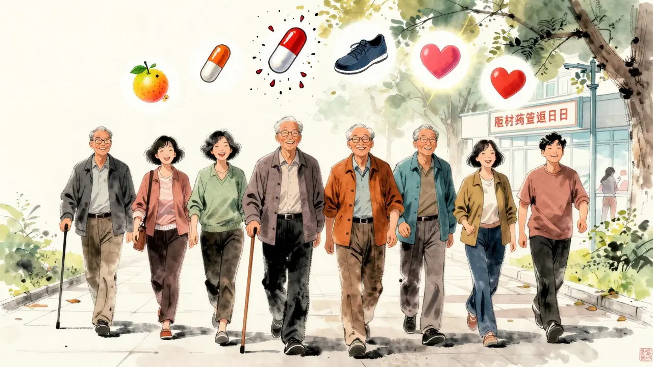 Older adults walking happily on a sunny path as dangerous pill icons crumble, replaced by symbols of health and mobility.