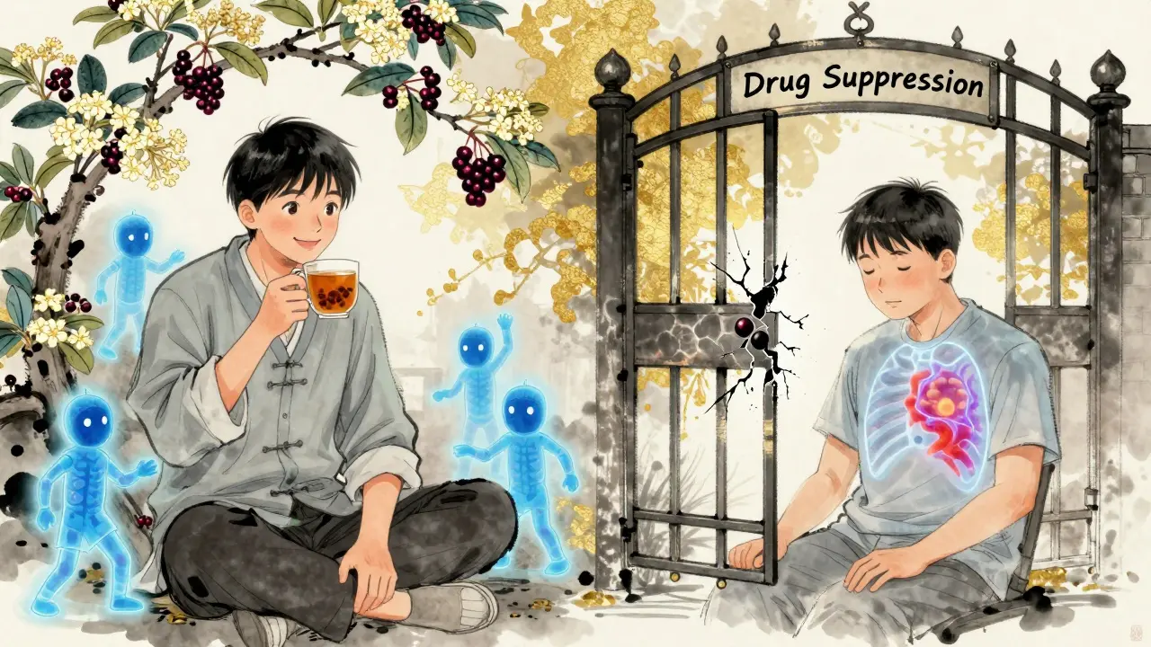 Split scene: healthy person with elderberry vs. immunosuppressed patient with immune system under siege.