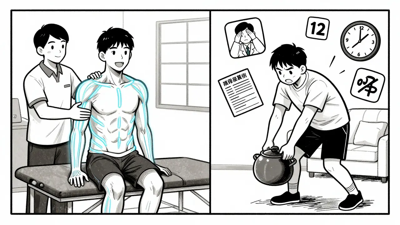 Split scene showing physical therapy success on one side and insurance barriers on the other.