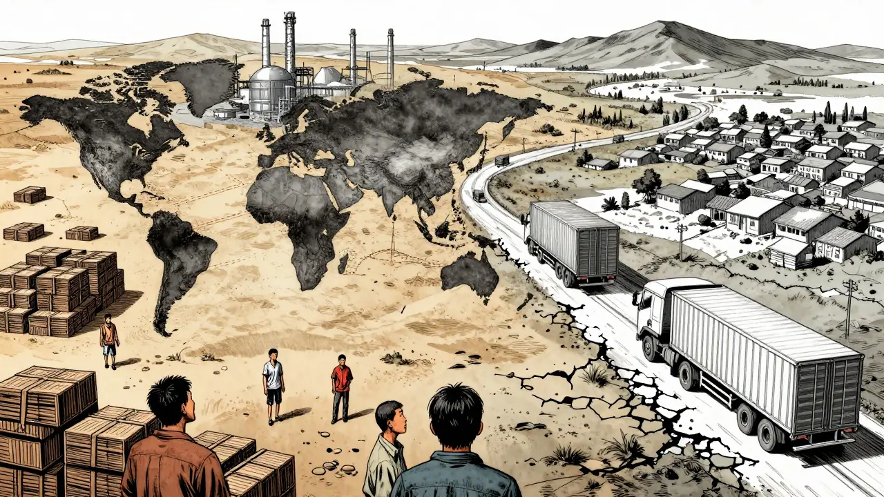 Split scene showing stocked clinics versus waiting trucks in remote regions.