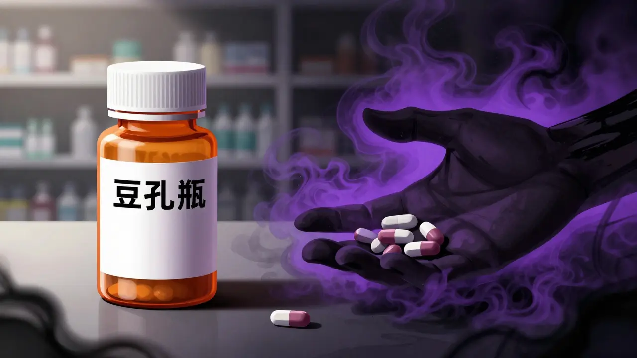 A conceptual contrast between a safe pharmacy bottle and dangerous counterfeit pills in manhua style.