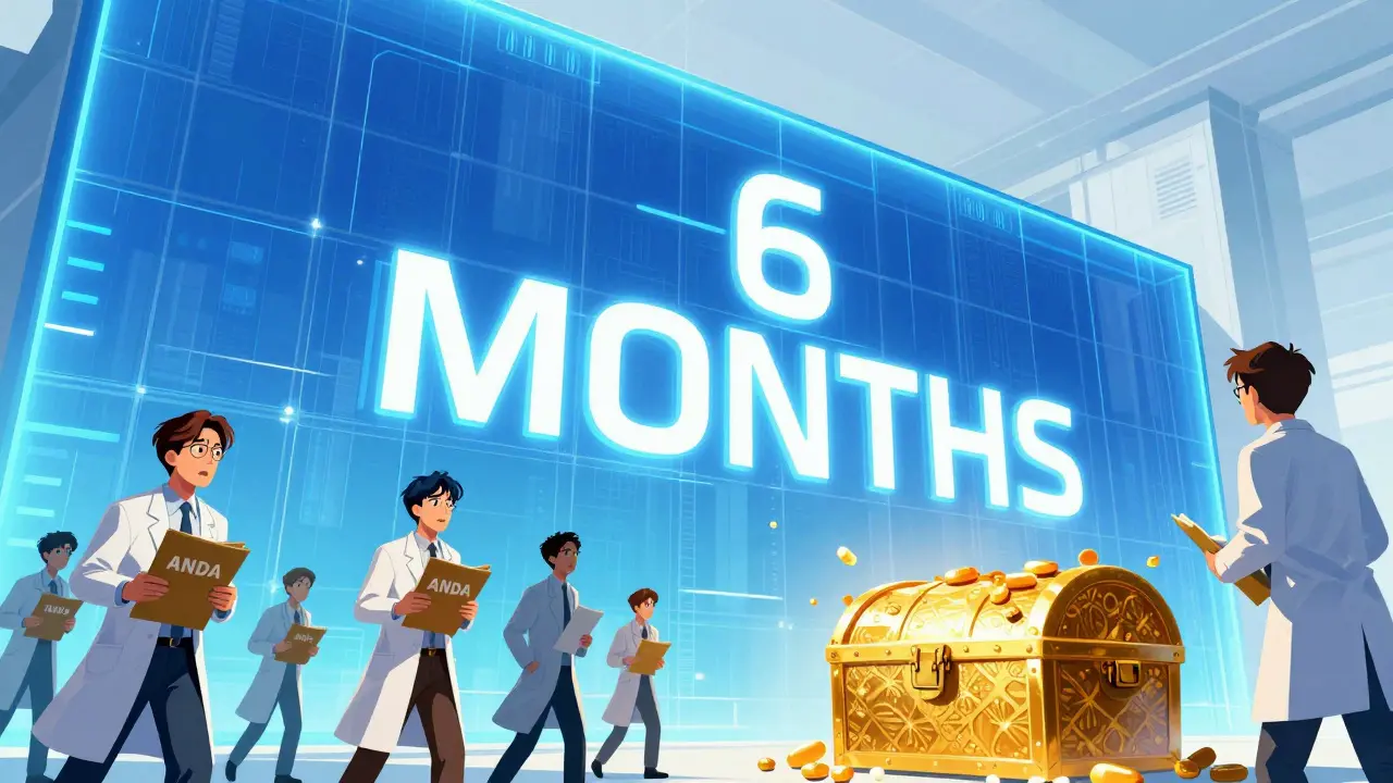 A glowing blue regulatory wall blocking generic drug developers for six months.