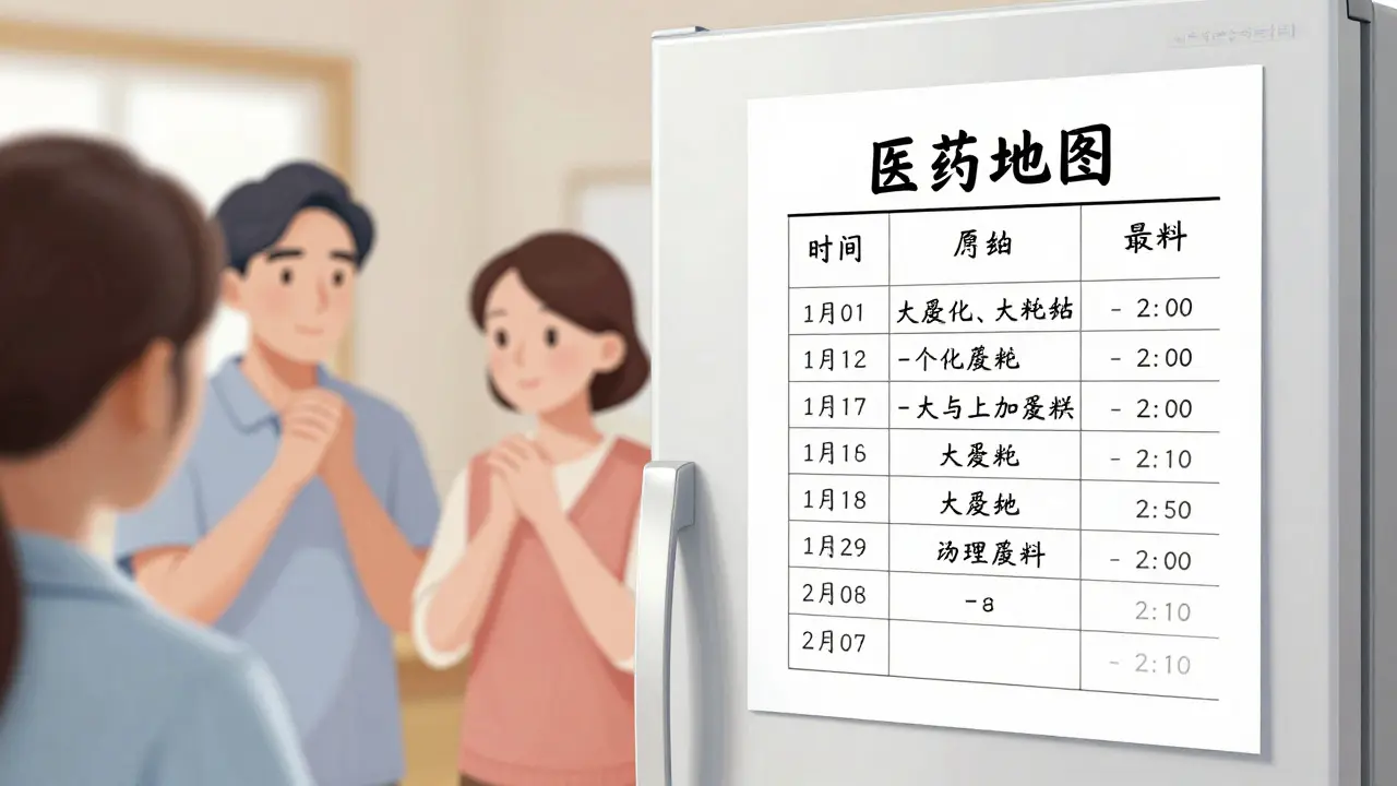 A medication tracking list on a fridge with two parents coordinating care.