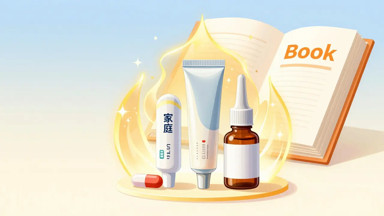 A variety of drug forms protected by a shimmering golden aura in manhua style.