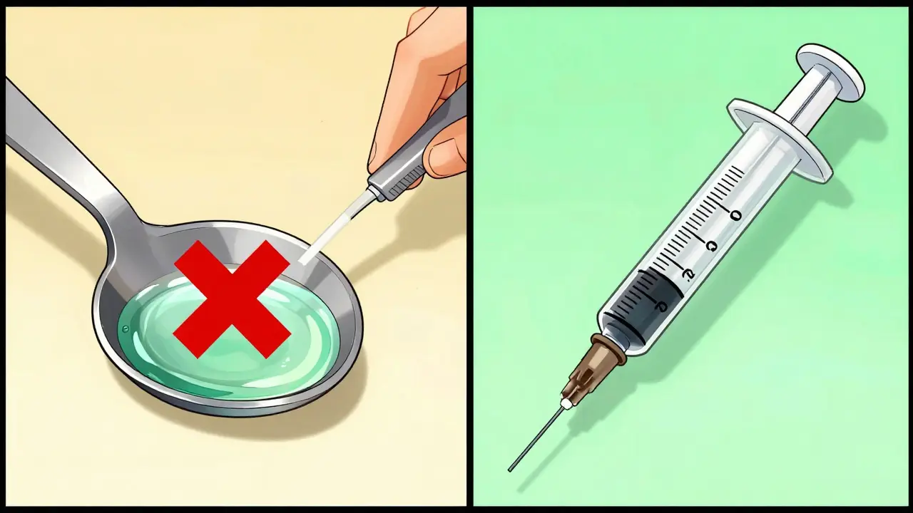 Comparison between an unsafe kitchen spoon and a precise medical syringe.
