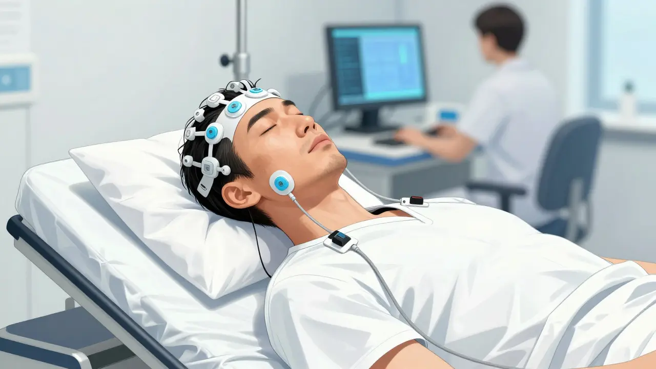 Man in a sleep lab with sensors and electrodes attached to his head and body for a study.