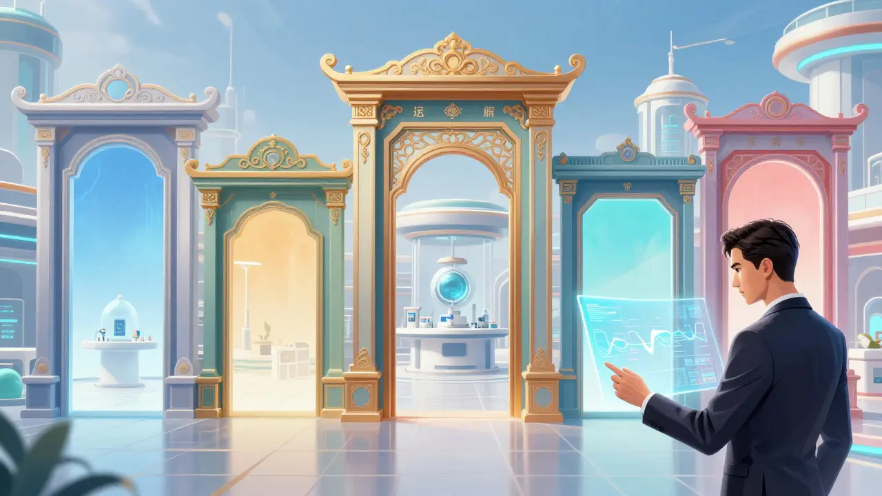 Manager reviewing a holographic timeline with stylized gates representing market protection periods