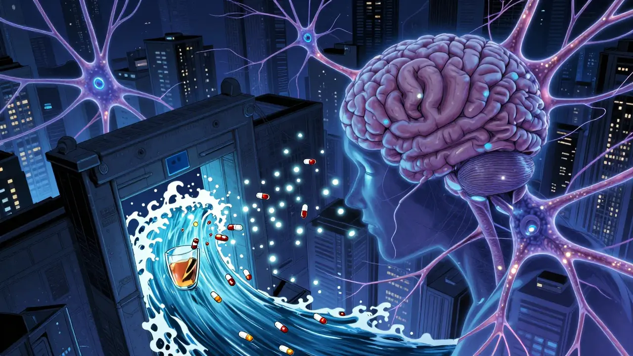 Manhua conceptual art of alcohol opening the blood-brain barrier to antihistamines.