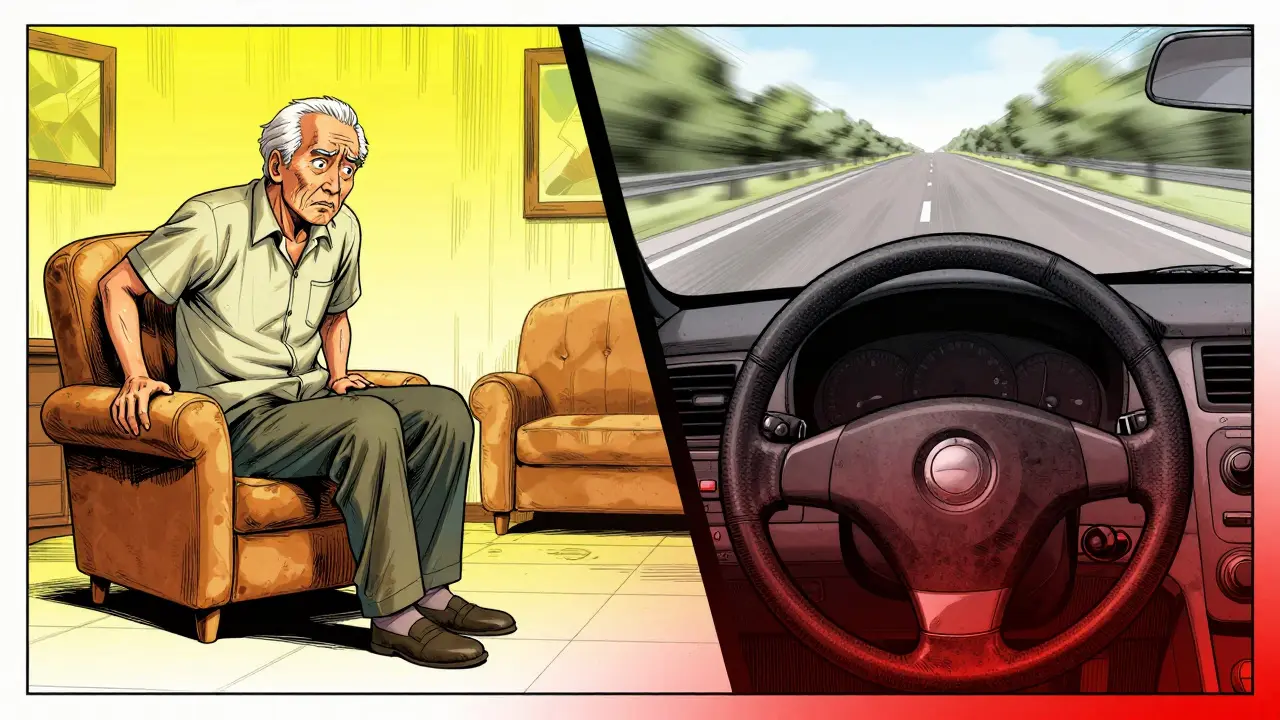 Manhua split-screen showing an unsteady elderly man and a blurred view from a driver's seat.