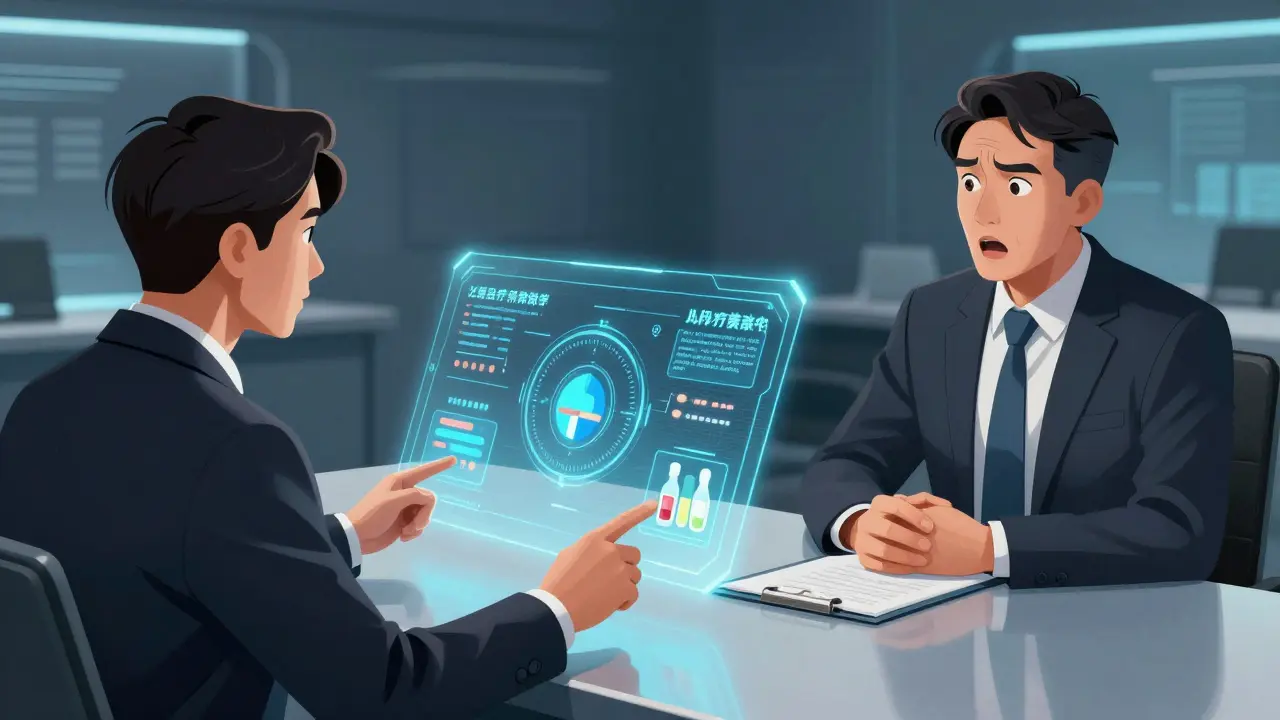 Official presenting therapeutic alternative drug data to an executive in manhua style.