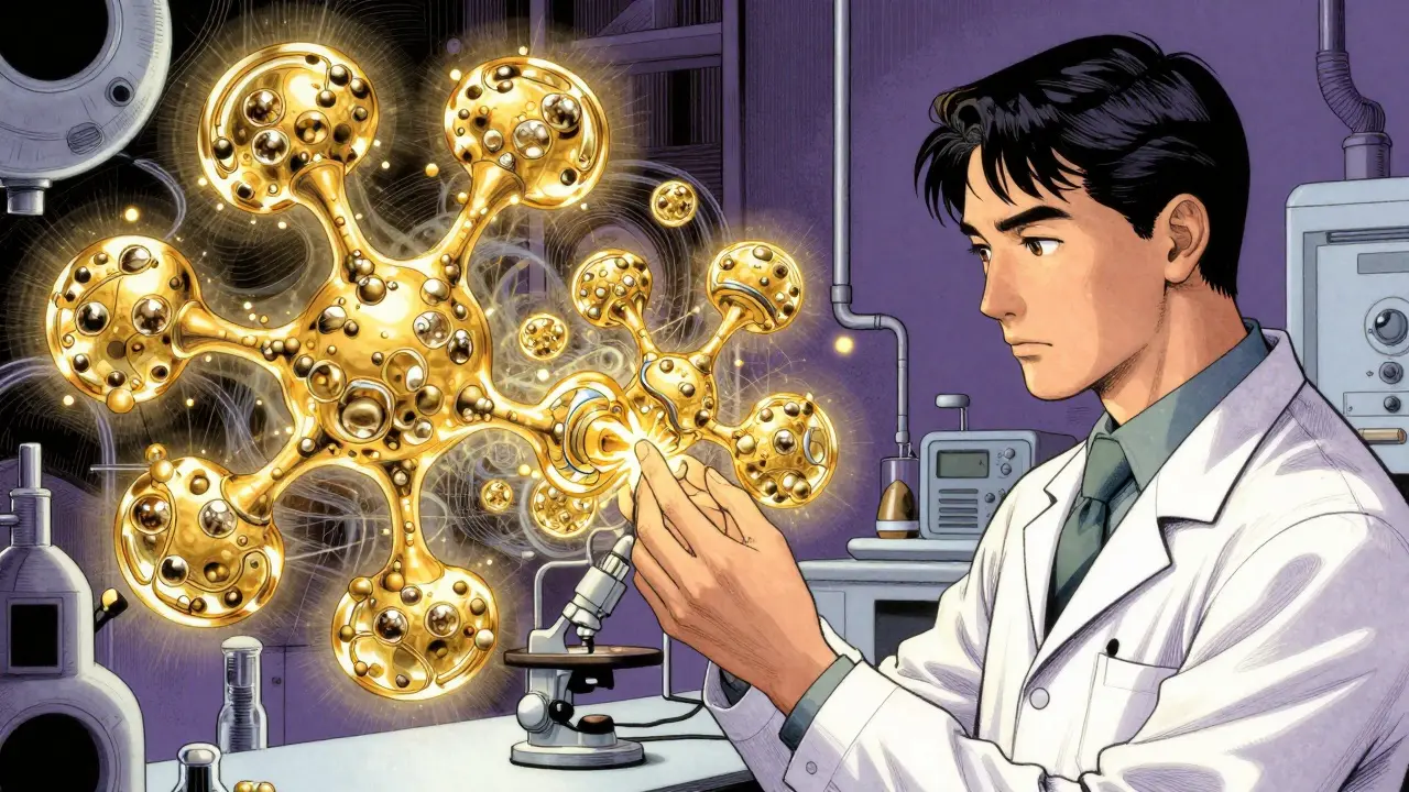 Scientist comparing two similar complex biological molecules in a high-tech lab in manhua style.