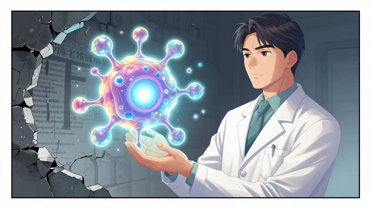 Scientist holding a complex, glowing 3D organic cell therapy structure