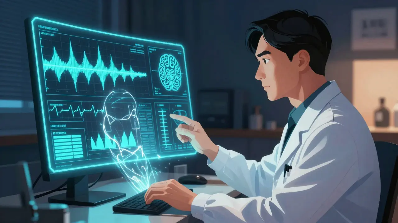 Sleep physician analyzing complex digital sleep data and brain wave patterns on a screen.