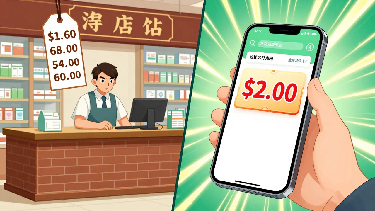 Cartoon comparing expensive retail pharmacy vs cheap online discount app