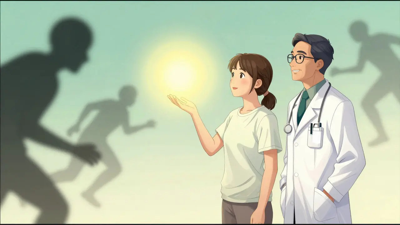 Cartoon depiction of safe medication options helping a Parkinson's patient maintain movement and clarity.