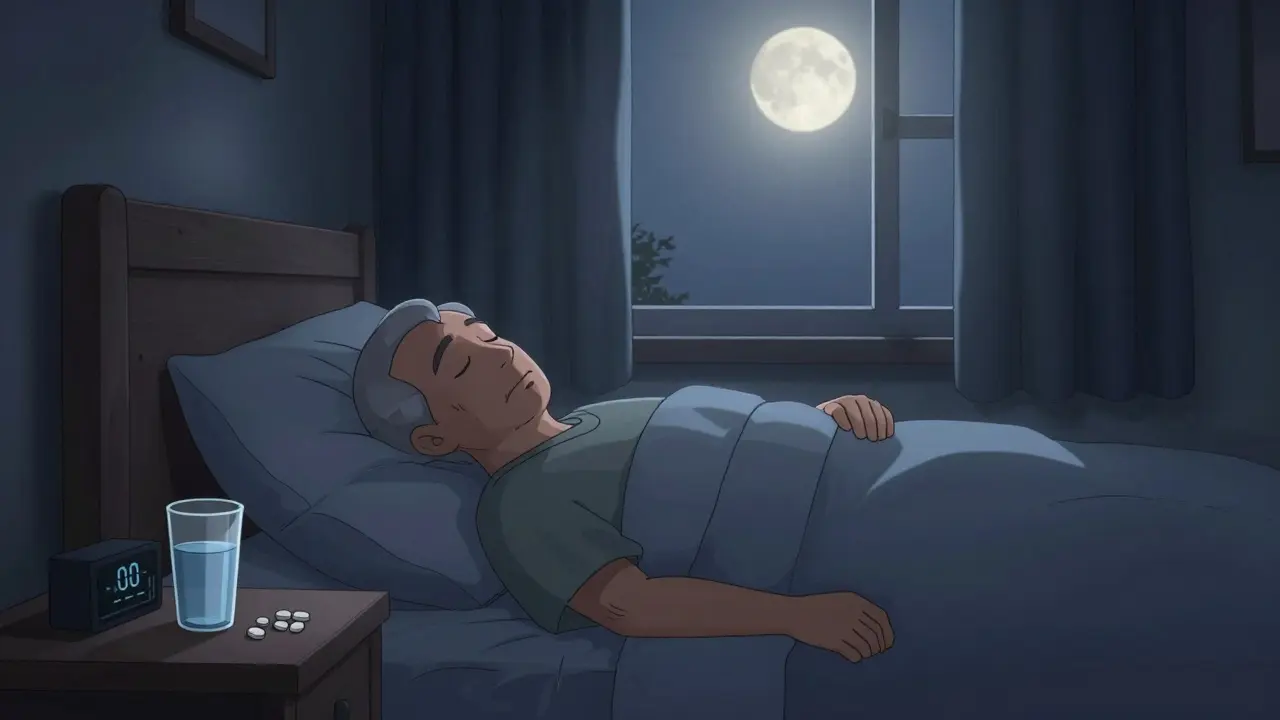 Cartoon of a senior sleeping peacefully in a safe, screen-free bedroom environment.