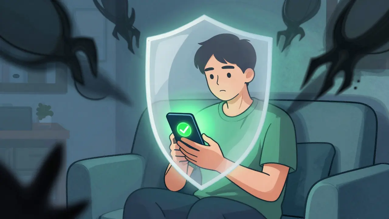 Cartoon of safe online pharmacy shopping with digital protection
