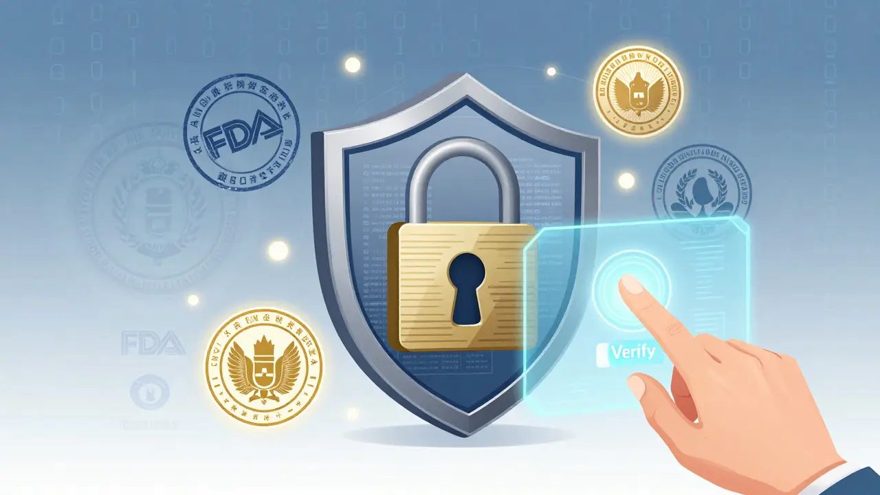 Cartoon showing digital security shields protecting patient health data online.