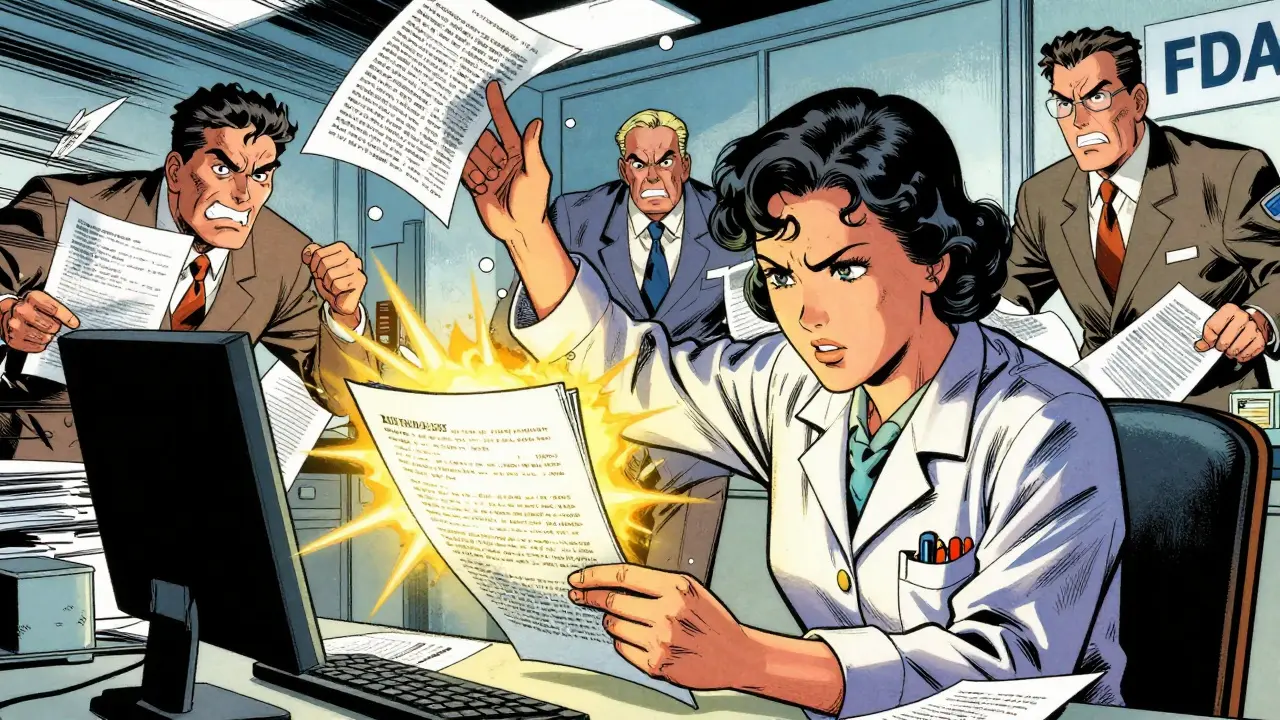 Chinese manhua illustration of Dr. Kelsey halting drug approval with determined expression.
