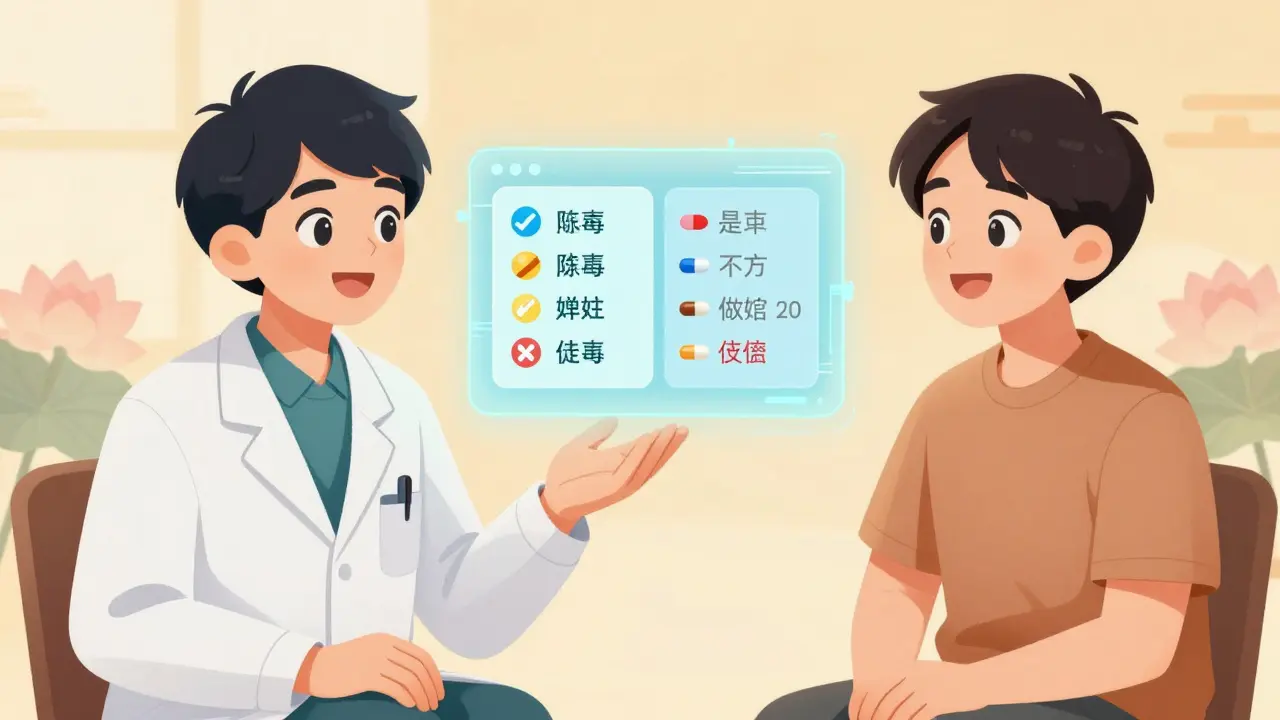 Doctor and patient discussing medication options using a visual chart.