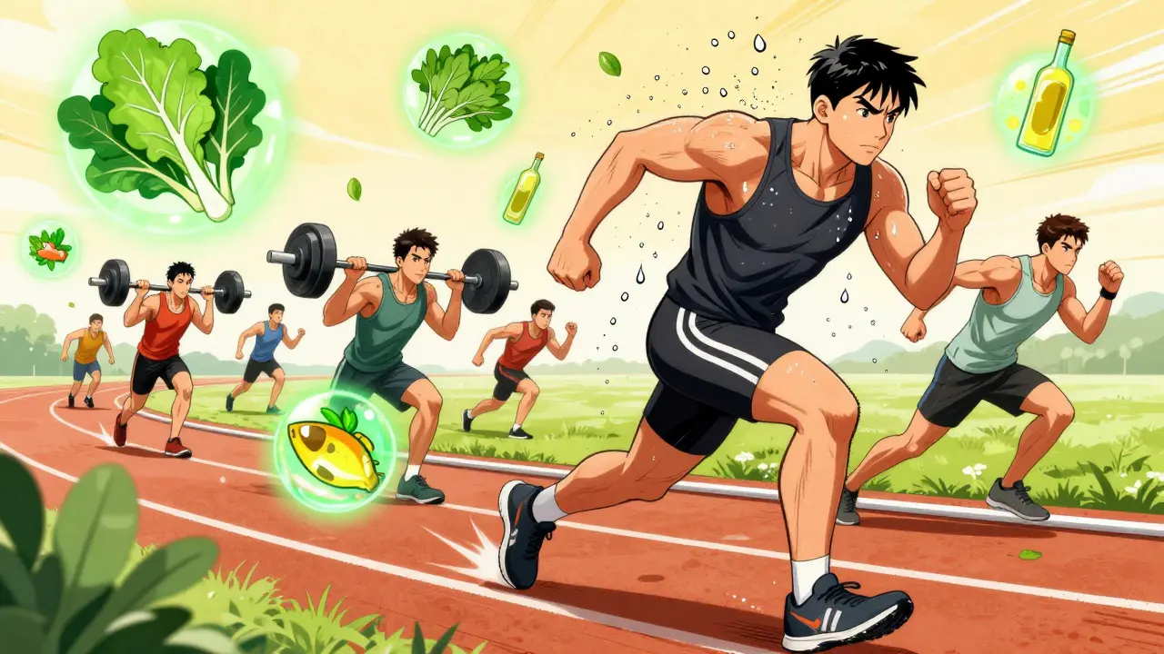 Dynamic illustration of people exercising and eating healthy food to reverse symptoms.