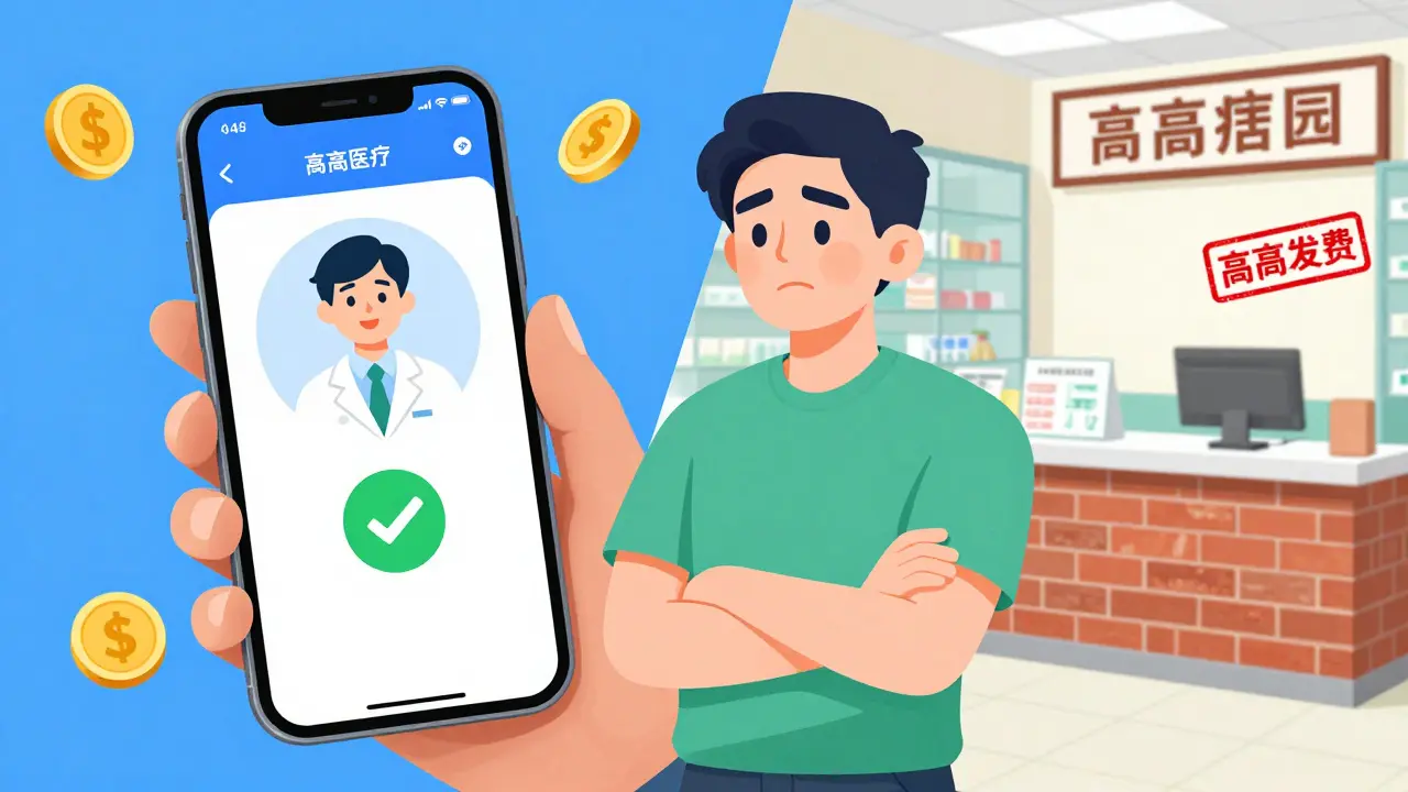 Illustration comparing cheap online telehealth vs expensive physical pharmacy.