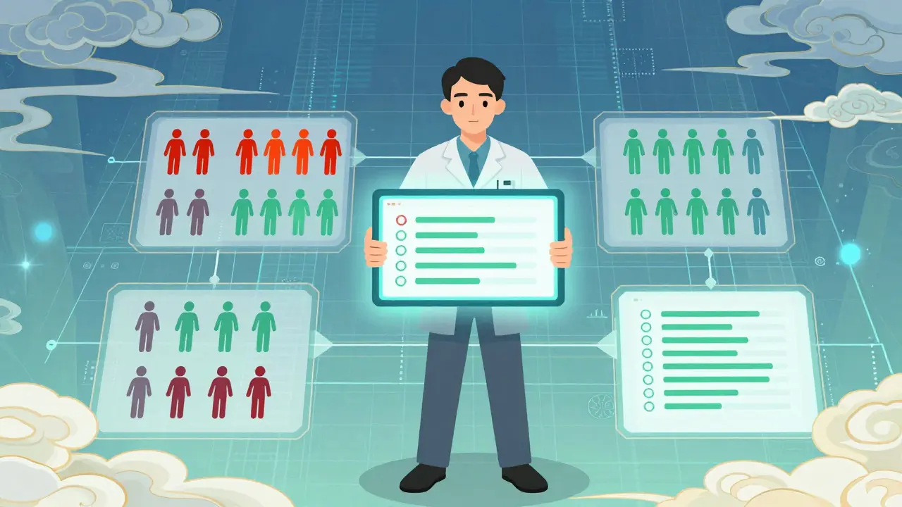 Illustration of a clear decision aid tool showing risk icons and benefits.