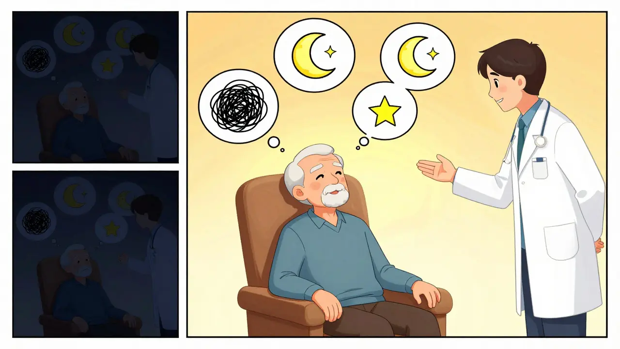 Illustration of an elderly person undergoing CBT-I therapy with positive thought bubbles.