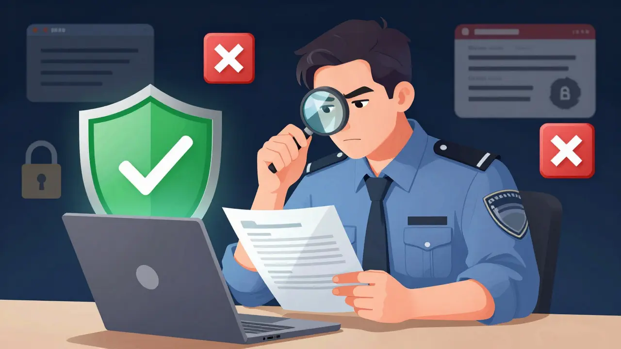Illustration of person checking online pharmacy safety and legitimacy