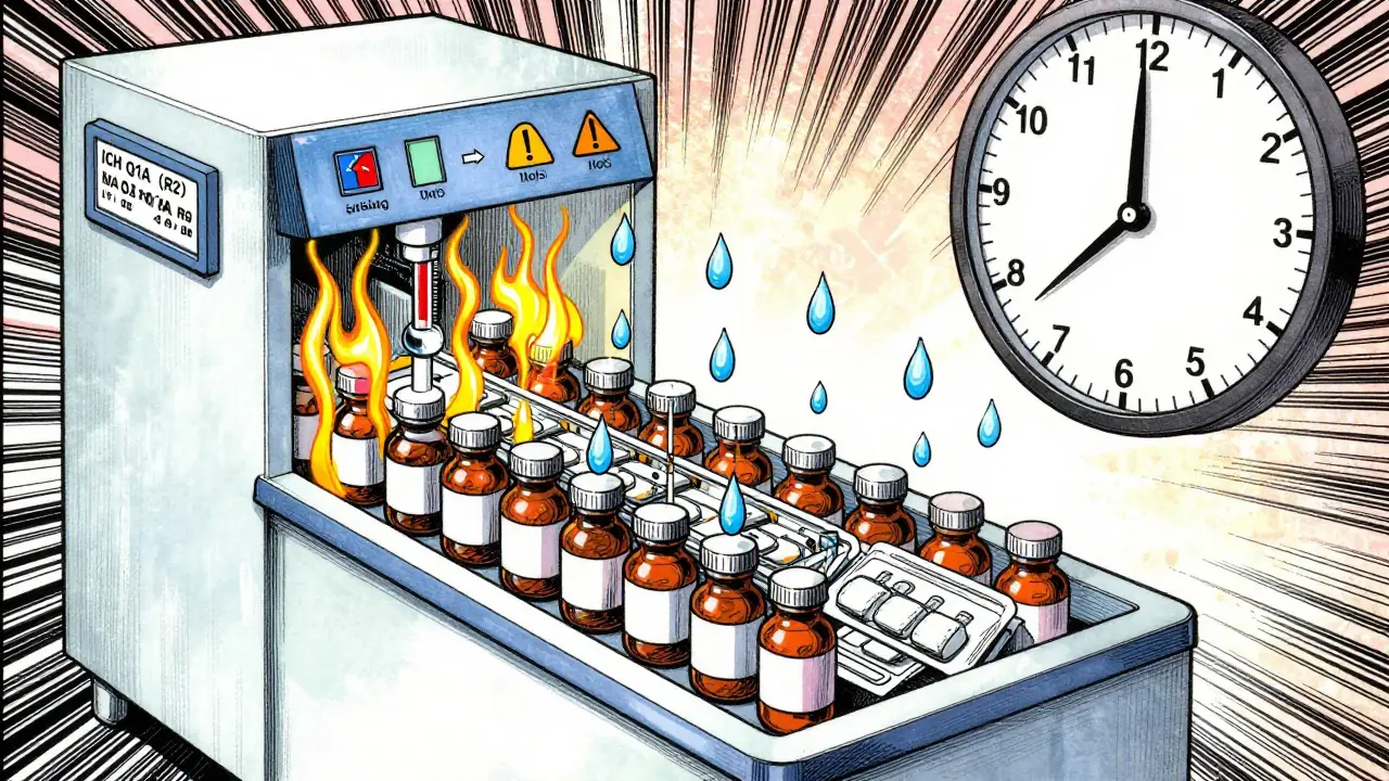 Illustration of stability chamber with pills, clocks, and environmental warnings