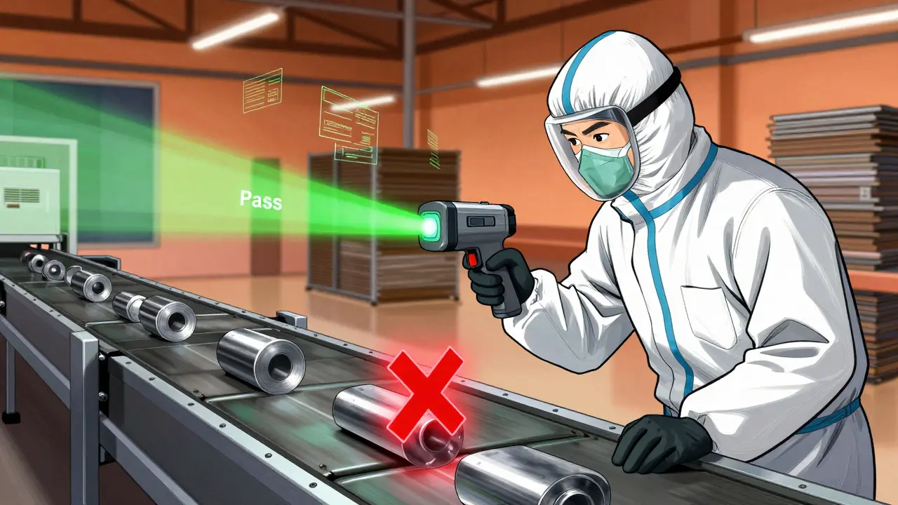 Inspector scanning raw materials on a conveyor belt with a futuristic device.