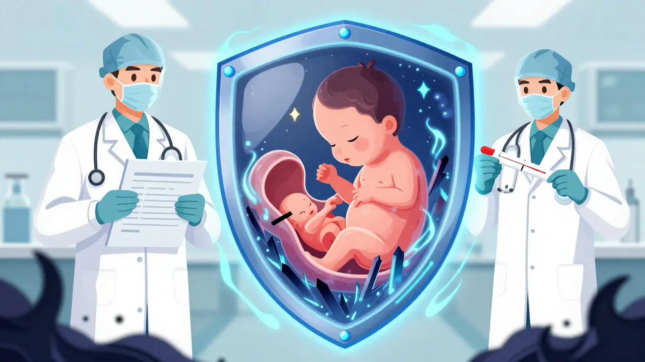 Manhua style image of medical shields protecting a fetus from harmful medication risks.