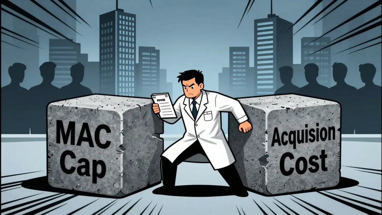 Pharmacist squeezed by heavy stones representing MAC pricing costs.
