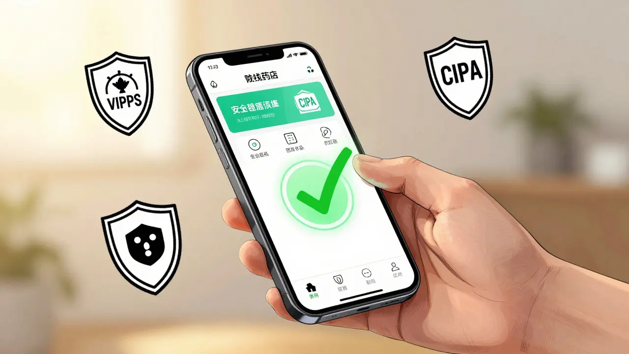 Smartphone showing safe online pharmacy app interface