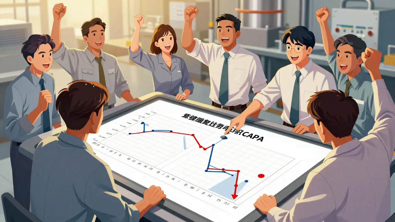 Team analyzing quality data trends on a display table in a factory setting.