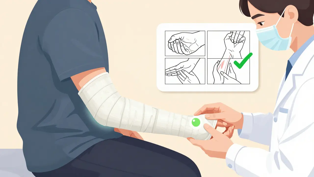 Cartoon depiction of wearing an elbow splint and doing nerve exercises for treatment