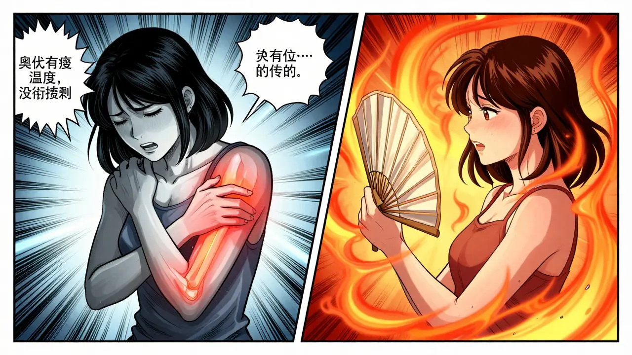 Cartoon illustration comparing joint pain from AIs versus hot flashes from Tamoxifen.