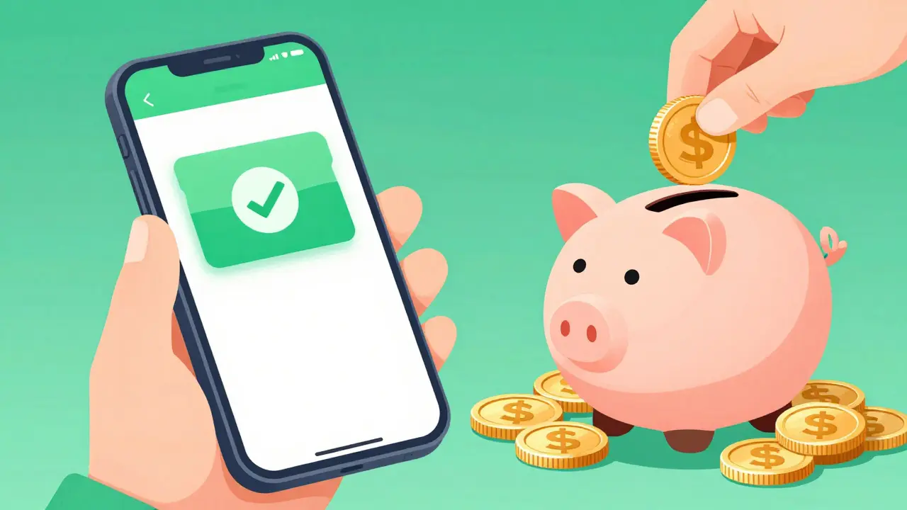 Cartoon illustration of saving money with a digital coupon on a smartphone.