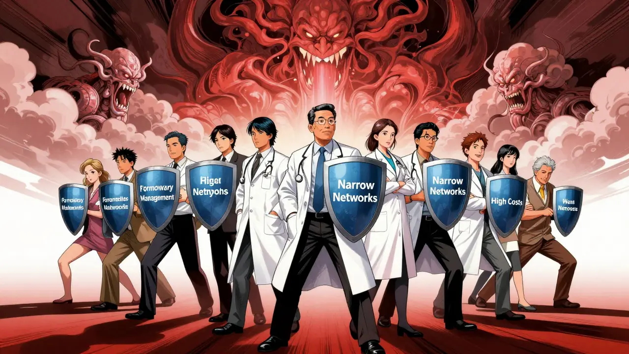 Cartoon of healthcare team using strategy shields to fight rising drug costs