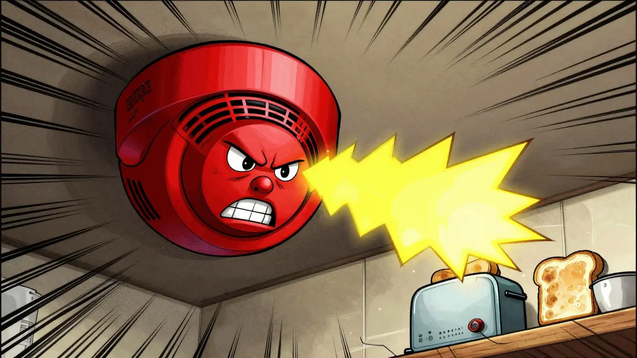 Cartoon smoke detector overreacting to toast, illustrating chronic pain sensitivity