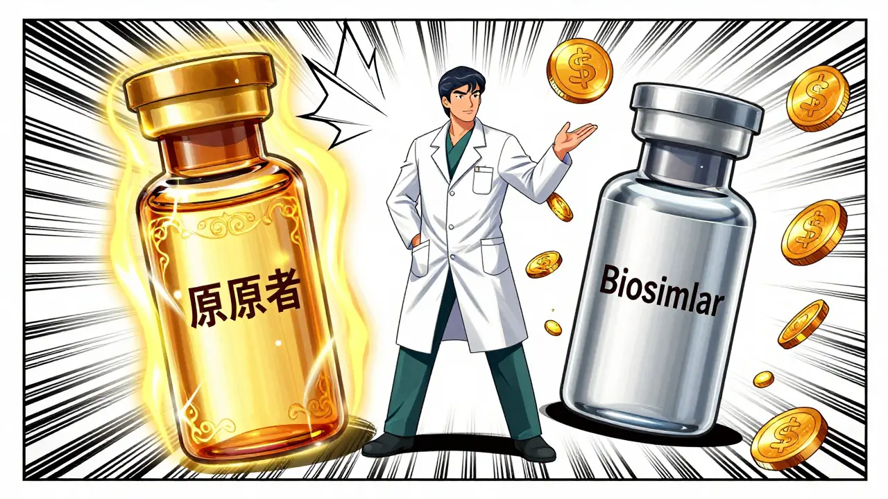 Comic illustration comparing expensive originator drug with cheaper biosimilar