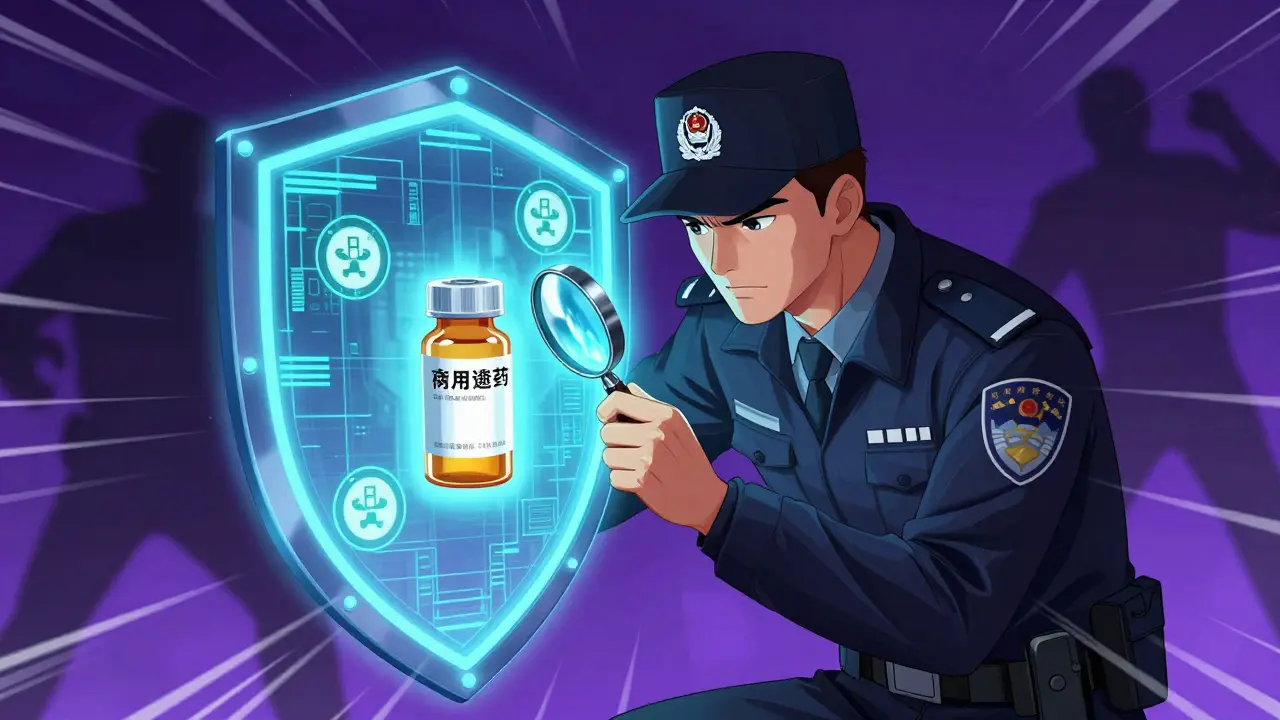 Detective character inspects a glowing security shield protecting a medicine bottle from shadowy threats