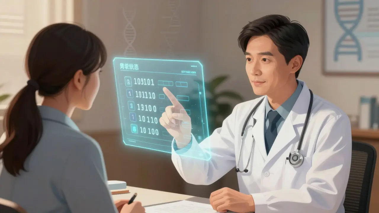 Doctor and patient discussing hormone therapy options in Chinese manhua style.
