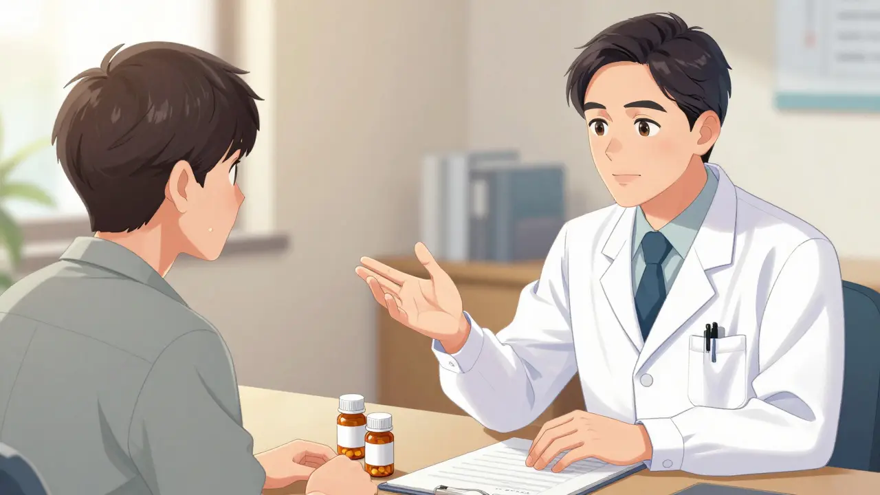 Doctor and patient discussing medication reduction in a warm consultation setting