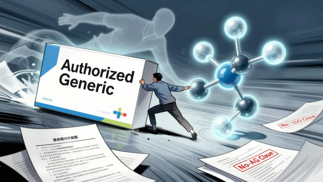 Fading authorized generic box replaced by biosimilars and legal no-AG clauses.
