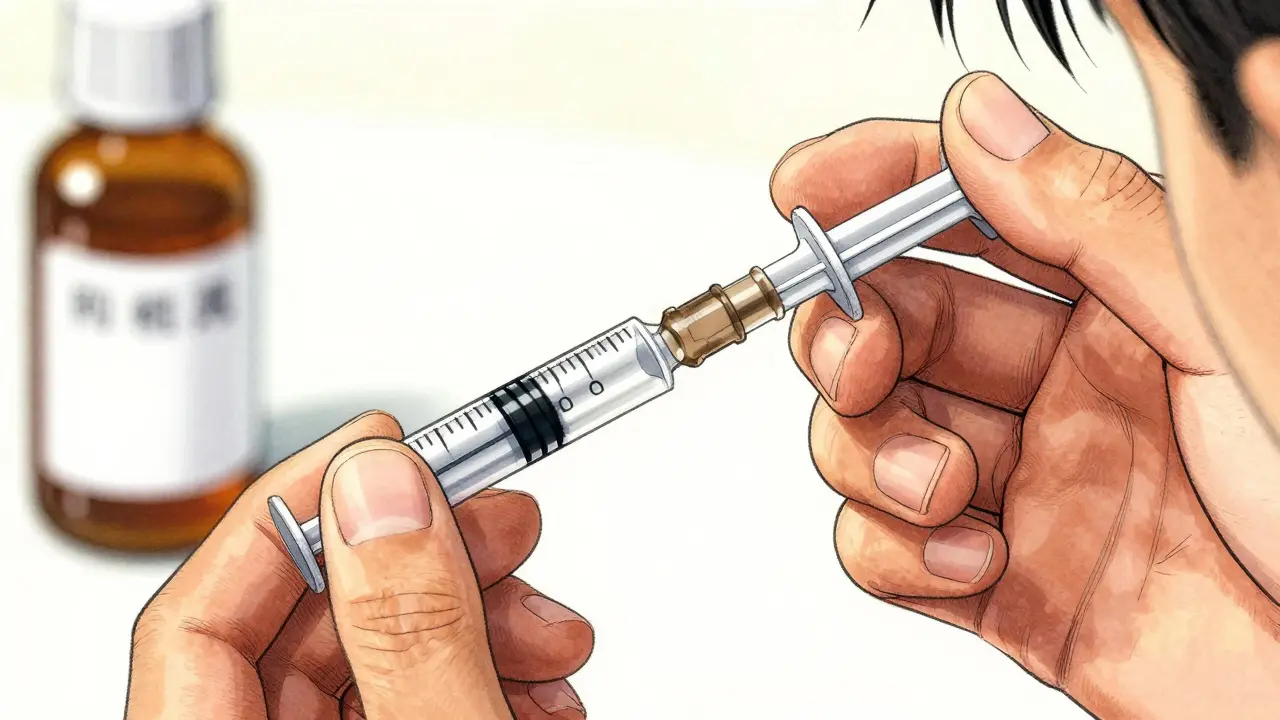 Hand measuring medicine with oral syringe
